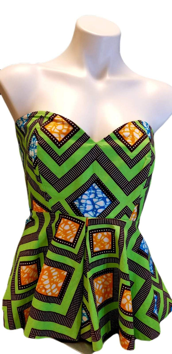 African Designer Women's Green, Orange, Blue, & Black Strapless Perplum Shirt