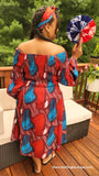 Handmade| African-Print |Off-Shoulder-Dress| Woven | Print Smock Stretch |  A-Line | Geri's Bluffing Boutique