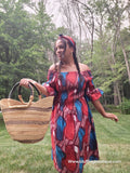 Handmade| African-Print |Off-Shoulder-Dress| Woven | Print Smock Stretch |  A-Line | Geri's Bluffing Boutique