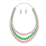 Alpha Kappa Alpha Pearl Necklace Pink Green 3 Strand for Women | Geri's Bluffing Boutique