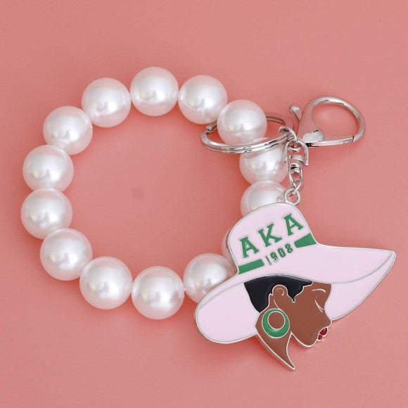 AKA Pink Green Hat Pearl Keychain | Geri's Bluffing Boutique