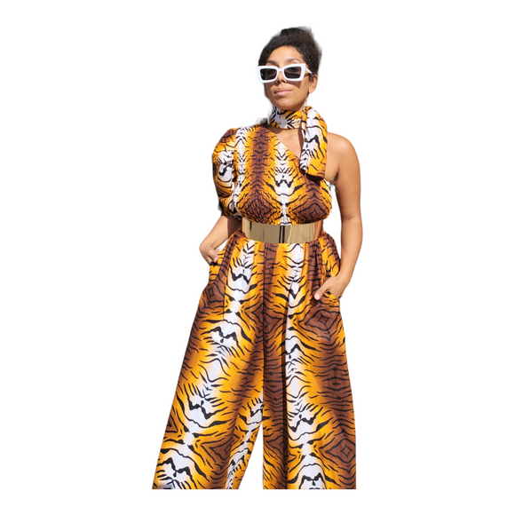 African Safari Print Palazzo Jumpsuit One Shoulder Geri s Bluffing Boutique