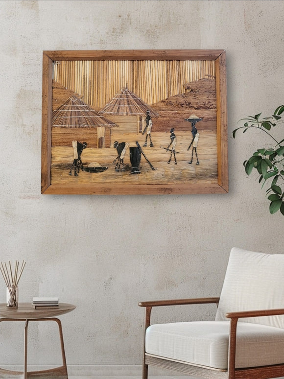 Vintage Wall Art | Village Life | Banana Leaf Fiber | Rwanda| Geri's Bluffing Boutique