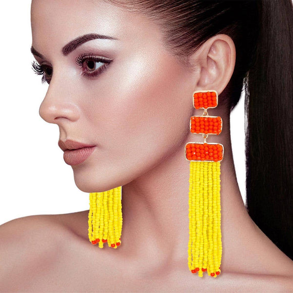 Fringe Yellow Orange Bead Long Earrings for Women |Geri's Bluffing Boutique