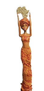 Hand-Crafted Bendu Doll In Captivating Orange & Yellow Pattern 3-Piece Lappa - Display