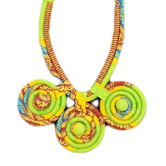 Hand-crafted Greenlime Green Multicolored Triple Medallion Fabric Necklace