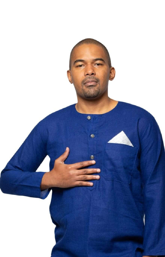 Men's Blue 1/4 Button Linen Fabric Shirt