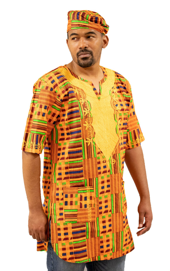 Men's Orange & Black 3/4 Length Cotton Fabric Dress Shirt with Oga Hat | MASSB-1PCT-20253