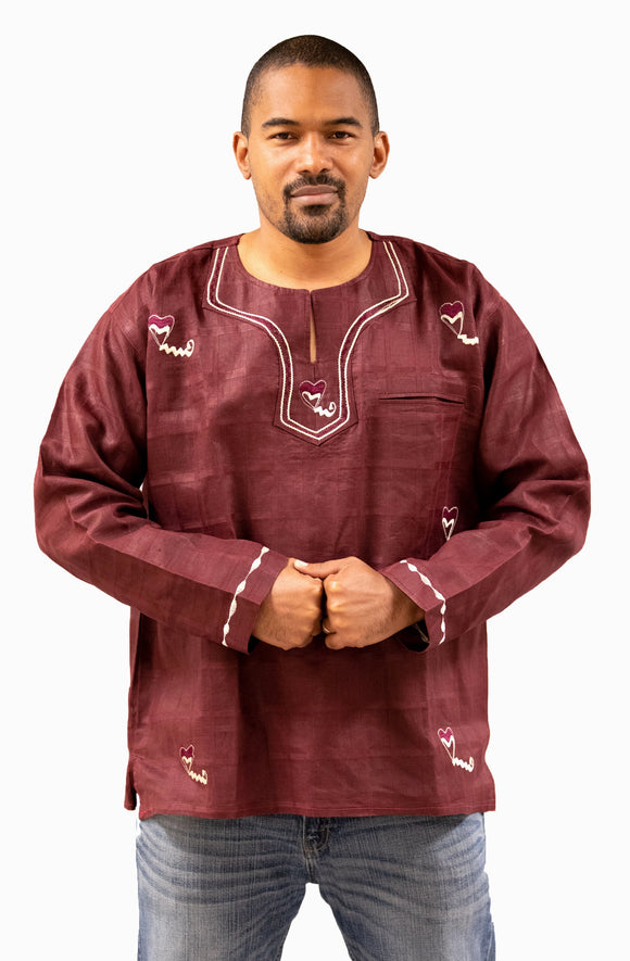 Men's Red Traditional Wax Embroidered Formal-Casual African Dress Shirt | MSDGB-TXBF-20651