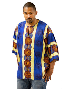 Men's Blue & Yellow Free Flowing  Formal-Casual African Dress Shirt | MSDGB-TXBF-20661