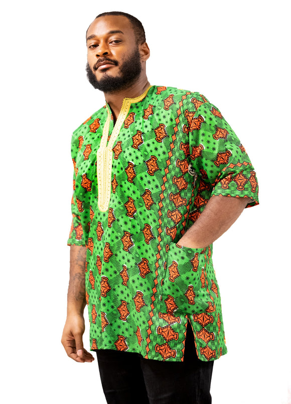 Men's Green Embroidered Cotton Short Sleeve Dress Shirt with Pockets | MSDGB-TXBF-20682