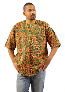 Men's Green & Orange Pattern Embroidered Short Sleeve Dress Shirt | MSDGB-TXBF-20687