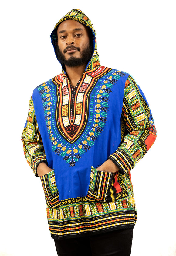 Men's Blue Hooded Long Sleeve Dress Shirt with Pockets | MSDGB-TXBF-20689