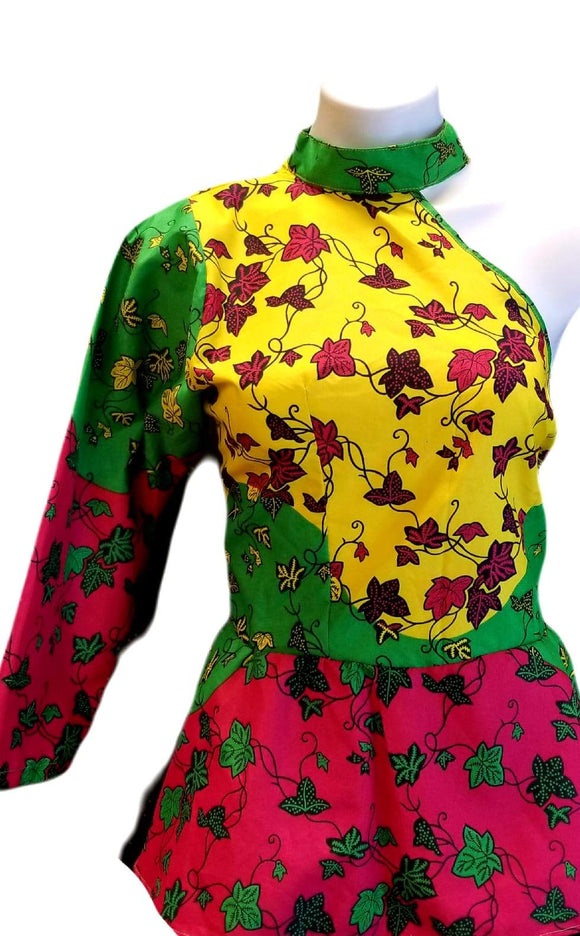 African Designer Women's Green, Yellow, & Pink Choker One-Shoulder Shirt with Leaves Pattern