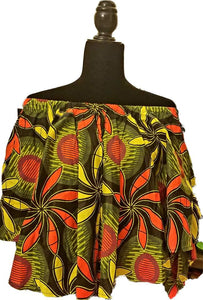 African Designer Women's Yellow, Black, & Orange Off Shoulder Shirt-with Detachable Arms