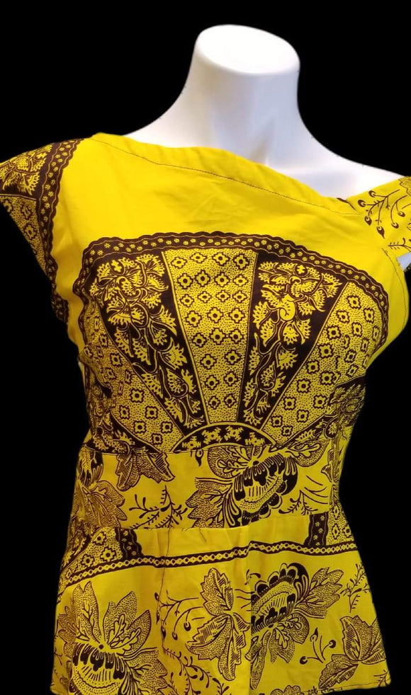 African Designer Women's Yellow & Brown Off Shoulder Shirt with Design Pattern