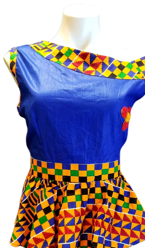 African Designer Women's Blue Kente Off Shoulder Shirt