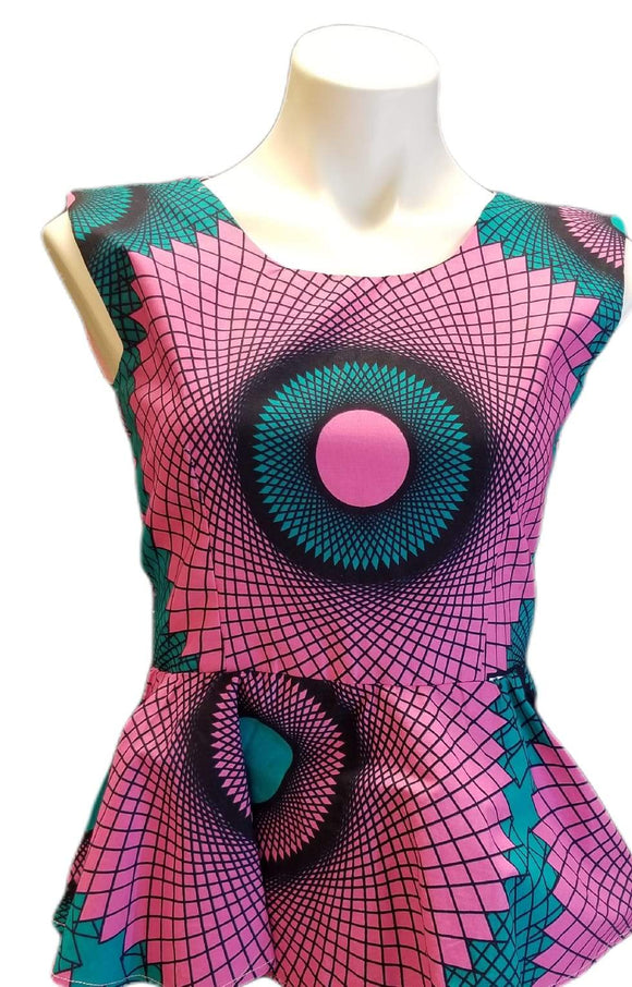 African Designer Women's Hot Pink & Teal Web Burst Tank Peplum Shirt