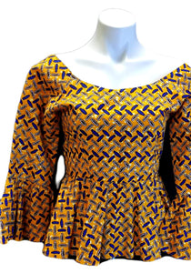 African Designer Women's Yellow, Burgundy, & Blue Cold Shoulder Crop Top Shirt