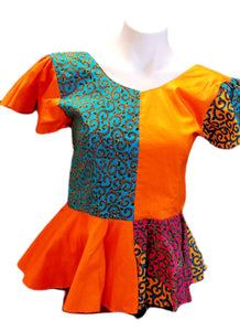African Designer Women's Orange, Teal, & Pink Peplum Crop Top Shirt