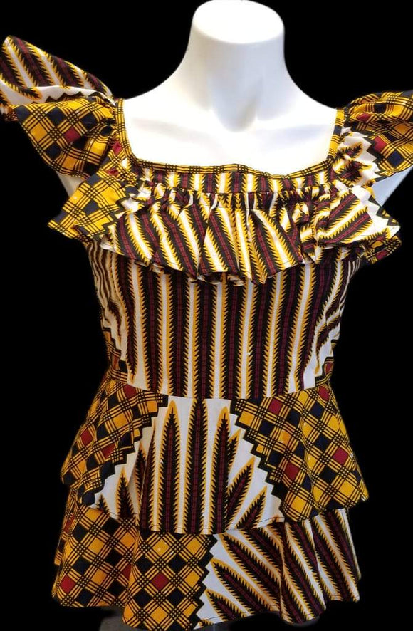 African Designer Women's Black, Gold, & White Pattern Crop Top