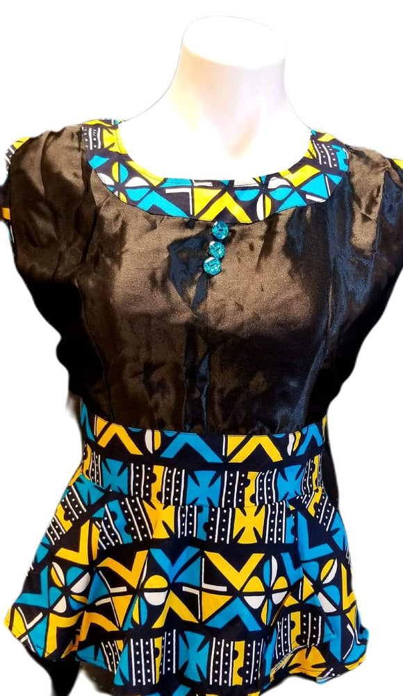 African Designer Women's Satin Black Tank Peplum Shirt