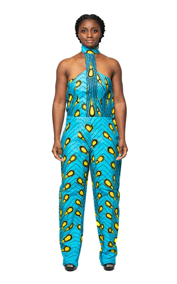 Women's Blue & Yellow Choker 1-Piece Jumpsuit | WDRGB-2PLN-20677